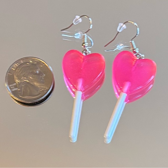 Pink Heart Lollipop Dangle Earrings - Picture 3 of 5
